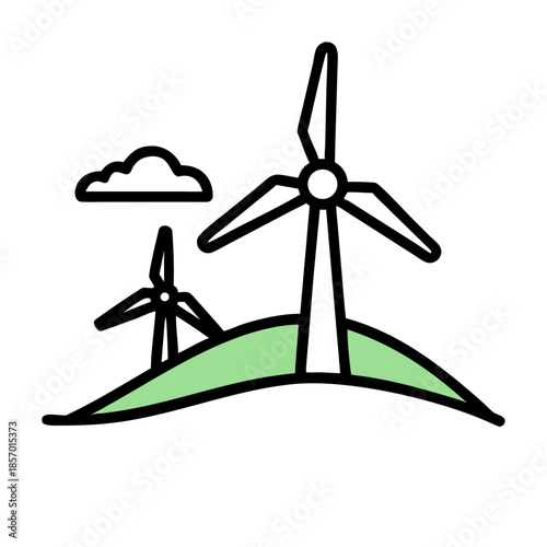 Wind turbine on a hill icon with a cloud in outline flat style. Renewable energy production concept. Modern simple vector icon for design