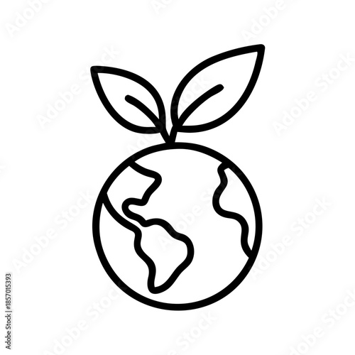 Earth globe icon with two green leaves symbolizing environmental conservation, sustainability, and ecology. Vector icon for website, app, banner, or print