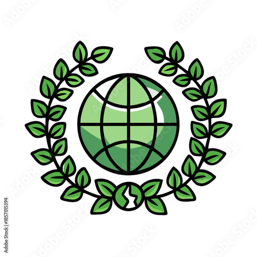 Earth globe icon with green leaf wreath. Eco friendly nature care and environment protection concept, for website design. Vector flat art
