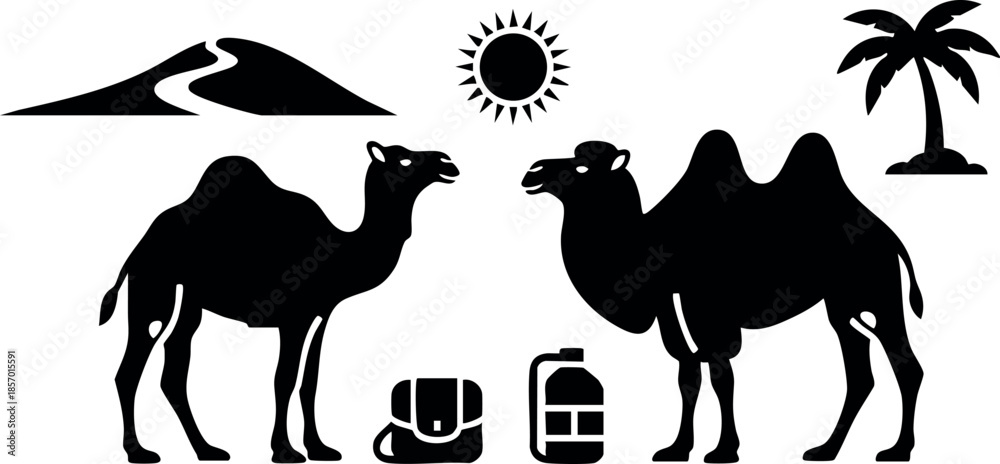 Fototapeta premium Two camels with palm tree mountain sun and luggage desert travel vector illustration 