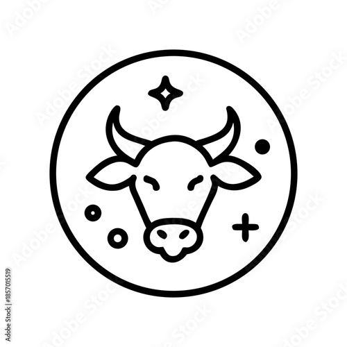 Minimal outlined vector icon of an ox in a round frame with sparkle and bubble. New Year animal theme, zodiac sign symbol for greeting card