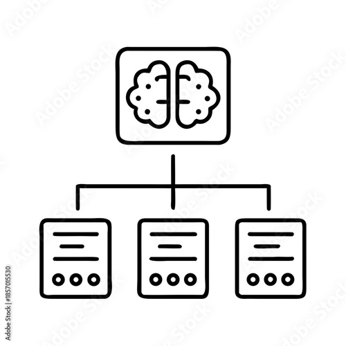 Minimal thin line vector icon of AI network management with brain and file document concept for digital service and data processing