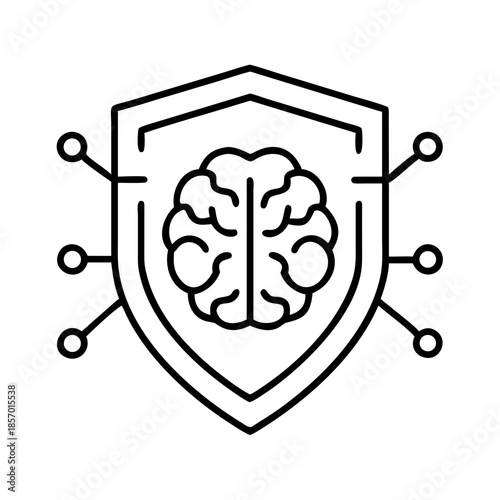 Minimal thin line icon depicting AI network management and brain protection symbol, for cybersecurity and artificial intelligence concept vector