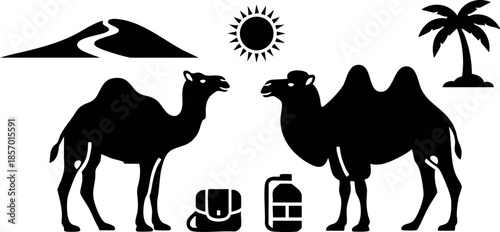 Two camels with palm tree mountain sun and luggage desert travel vector illustration 