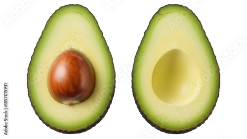 Two avocado halves, one with pit, isolated PNG on transparent background, fresh green fruit for healthy eating and vegan recipes