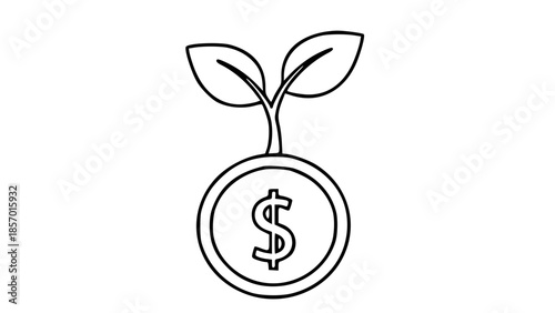 Black outline illustration depicting a dollar coin with a small plant sprouting from its top, symbolizing financial growth and investment.