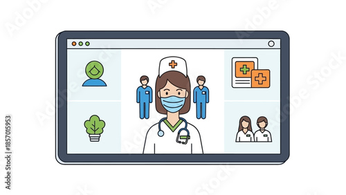 A tablet screen displays a video conference call with medical professionals and icons representing health and technology, illustrating remote healthcare services.