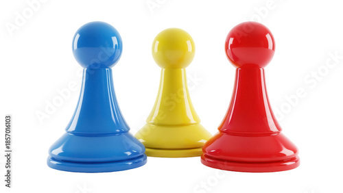 Colorful game pawns PNG isolated on transparent background, blue yellow and red board game pieces for strategy and competition