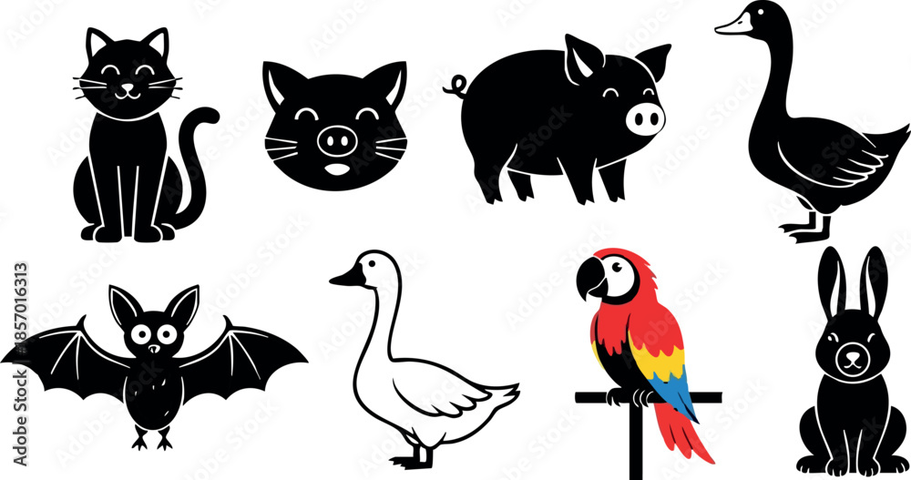 Fototapeta premium Cute black silhouette animals collection including cat pig bat parrot and rabbit vector illustration 