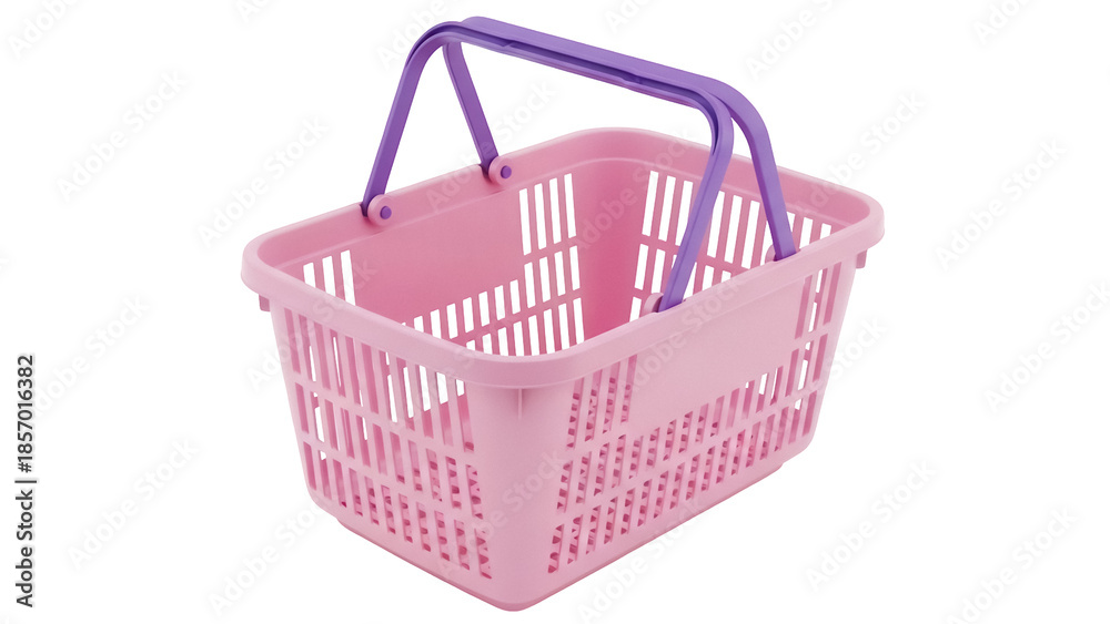 Fototapeta premium Pink plastic shopping basket isolated PNG, reusable container with purple handle for groceries and household items on transparent background