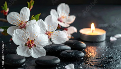 A tranquil still life featuring white cherry blossoms, smooth black spa stones, and a glowing tealight candle on a dark, wet surface.