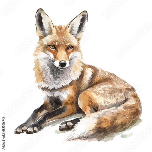 Fox, watercolor illustration featuring soft shadows and luminous, isolated on a white background.