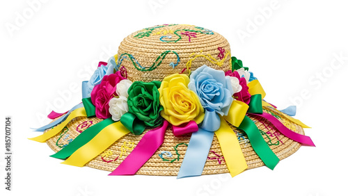 Traditional straw easter bonnet hat with colorful silk flowers and ribbons for spring holiday fashion