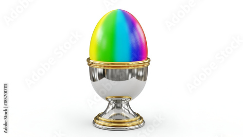 Rainbow colored easter egg in a silver metal egg cup isolated on white background for pride and holiday celebration