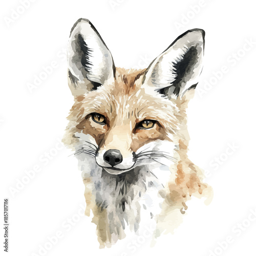 Fox, watercolor illustration featuring soft shadows and luminous, isolated on a white background.