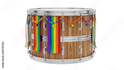 Wooden drum decorated with rainbow pride flag ribbons and beads for parade music festival