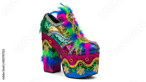 Extravagant colorful platform shoe with feathers and sequins for carnival festival or drag queen parade
