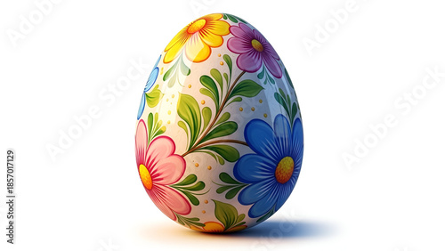 Decorative easter egg with beautiful floral pattern and spring flowers for traditional holiday