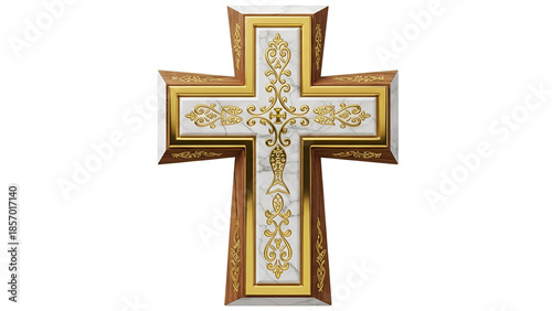 Ornate gold and white christian cross for easter sunday religious celebration and spiritual faith