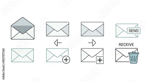 A series of minimalist line art icons illustrating the process of sending and receiving email, featuring envelopes, plus signs, and a trash can.