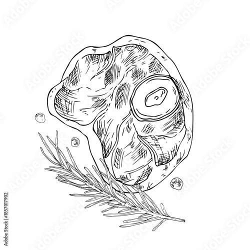 Vector Beef steak with rosemary branch and peppercorns. Graphic ink pork, ribeye, meet illustration, isolated on background. Hand drawn line sketch. For designers, prints, logo, icon, menu, postcards