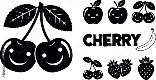 Cherry fruit vector illustration with apple and strawberry icons in black and white design 