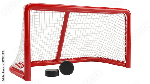 Photography Red hockey goal with pucks isolated PNG, sports equipment for ice hockey game on