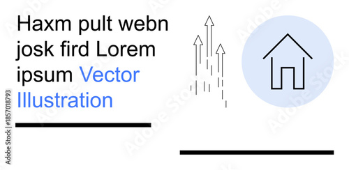 Real estate growth, modern architecture, digital communication, minimal design, business presentation, and educational materials. A house icon, arrows and text are featured. Real estate growth