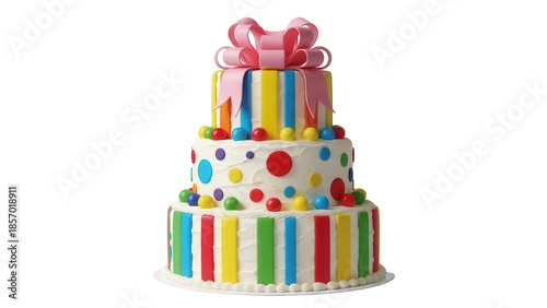 Bild auf Leinwand Colorful three-tiered birthday cake with pink bow isolated PNG, festive dessert