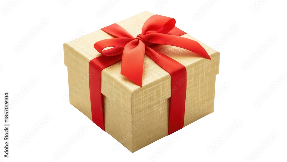Obraz premium Gold gift box with red ribbon isolated PNG, present for Christmas, birthday, or special occasion on transparent background