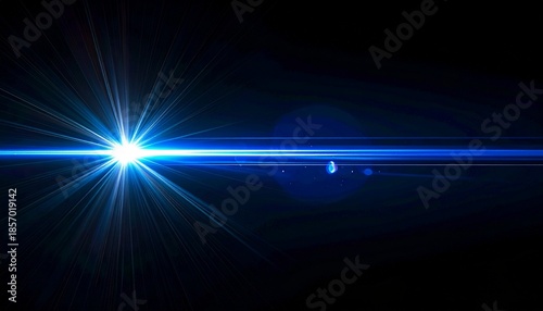 Abstract blue camera lens flare with bright starburst and anamorphic light streak. Luminous optical overlay effect for screen mode on a solid black background. Digital art for design projects.
