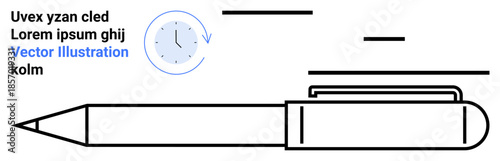 Business tools, productivity, time management, office supplies, creative design, organization. Linear black pen next to a circular clock design. Productivity and time management concept