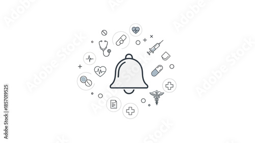 A central bell icon is surrounded by a circular arrangement of various medical symbols, including a stethoscope, syringe, pills, and a caduceus, against a clean white background.