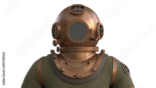 Vintage copper diving helmet PNG isolated on transparent background, antique deep sea diver suit for steampunk and nautical themes