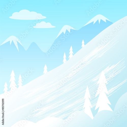 Vector winter snowy mountains landscape illustration. Flat design nature background with pines, hills, and clouds. Perfect for holiday greeting cards, banners, or web backgrounds.