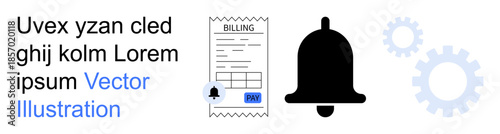Online payments, notifications, bill tracking, automation, system updates, business tools. A receipt, bell icon and gears. Online payments and notifications concept