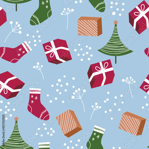 Seamless Christmas cozy winter New Year pattern with cute gifts, Christmas tree, plants and socks on color background. Vector illustration. Design for print, invitation, poster, card, fabric, textile.