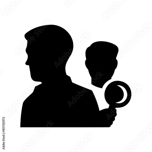 A person with a magnifying glass investigating another individual, symbolizing search, observation, and inquiry