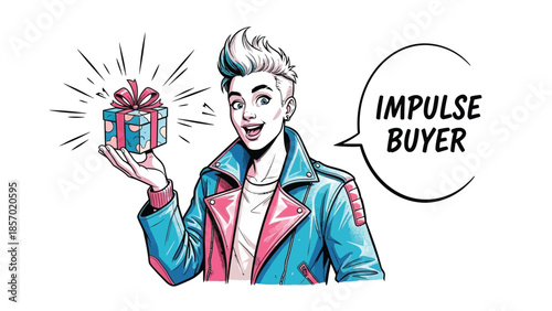 An excited young man with spiky hair, wearing a colorful jacket, holds out a brightly wrapped gift box, with a speech bubble stating 'IMPULSE BUYER'.