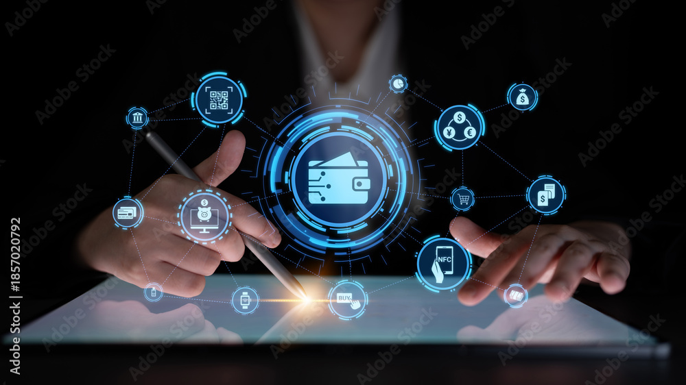 Fototapeta premium Digital wallet icons show mobile payment, digital wallet transfer, and online banking. Digital wallet supports secure payment, cashless transactions, and financial integration. Entice