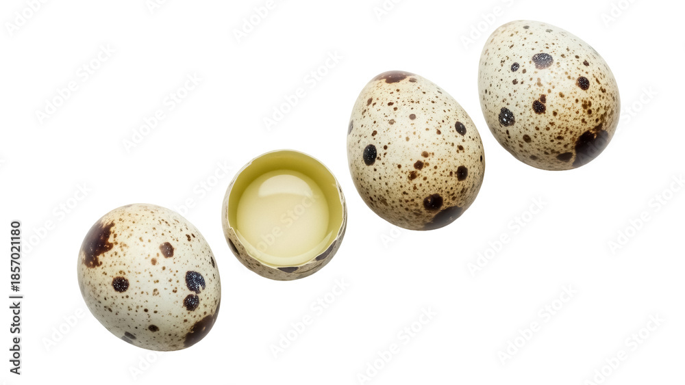 Obraz premium Speckled quail eggs PNG isolated on transparent background, small spotted eggs for Easter and culinary use