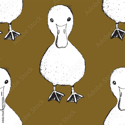 Seamless pattern with funny birds, flowers, leaves. Flat vector illustration with cartoon bird silhouette. Cute duck characters. Design for invitation, poster, card, textile, fabric.