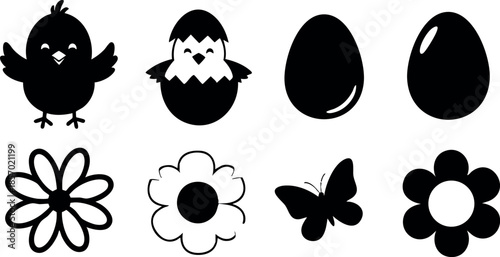 Cute baby chick egg flower butterfly black silhouette vector illustration design 
