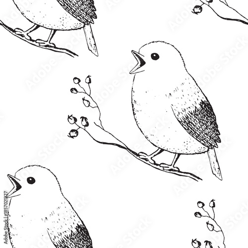 Seamless pattern with funny birds, flowers, leaves. Flat vector illustration with cartoon bird silhouette. Cute characters. Design for invitation, poster, card, textile, fabric.