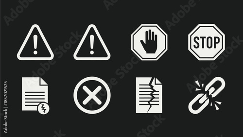 A collection of white graphic icons on a black background, including warning signs, stop signs, document errors, and a broken link symbol.
