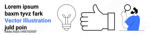Creativity, approval, innovation, feedback, decision-making, exploration. Minimal light bulb, thumbs up and person observing with a magnifying glass. Creativity and approval concept