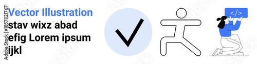Business workflow, fitness tracking, coding education, user verification, productivity apps, digital concepts. Checkmark, person in motion and coding screen. User verification and fitness tracking