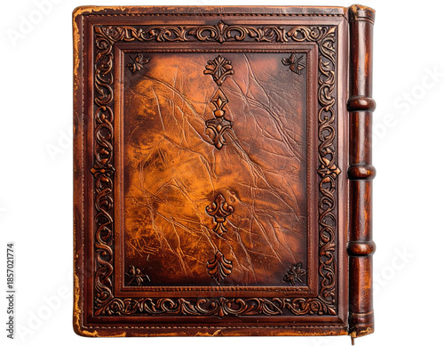 Close-up of an aged, ornate leather-bound book with embossed designs