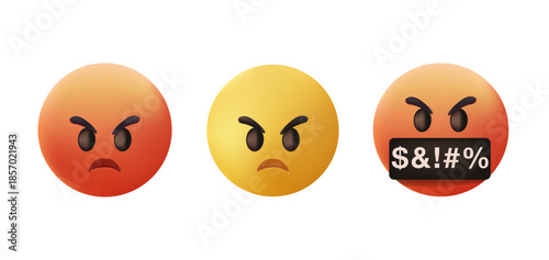 3d Red and Yellow Angry emoji Face, emoticon Face with Symbols Over Mouth, Serious Face with Symbols Covering Mouth, red mad, Grumpy, angry emotion, Swearing, Grawlix, Cussing, Cursing character