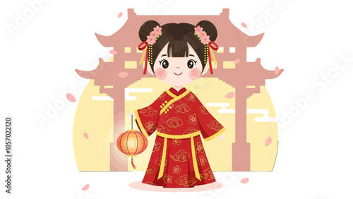 Happy Asian Girl Holding Lantern in Traditional Chinese Attire in Front of Temple, bright studio